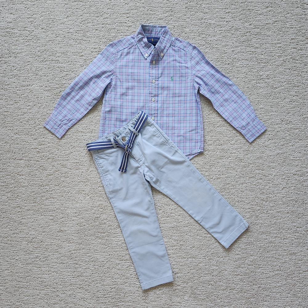 Ralph Lauren Pastel Plaid Shirt and Light Blue Pants Outfit 4y